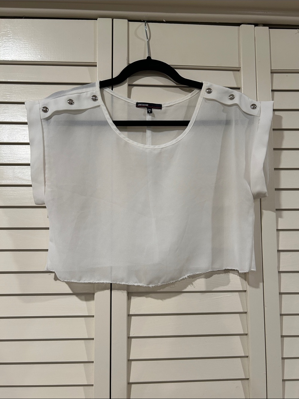 Love Culture White Sheer Cropped Button-Shoulder Top Size S